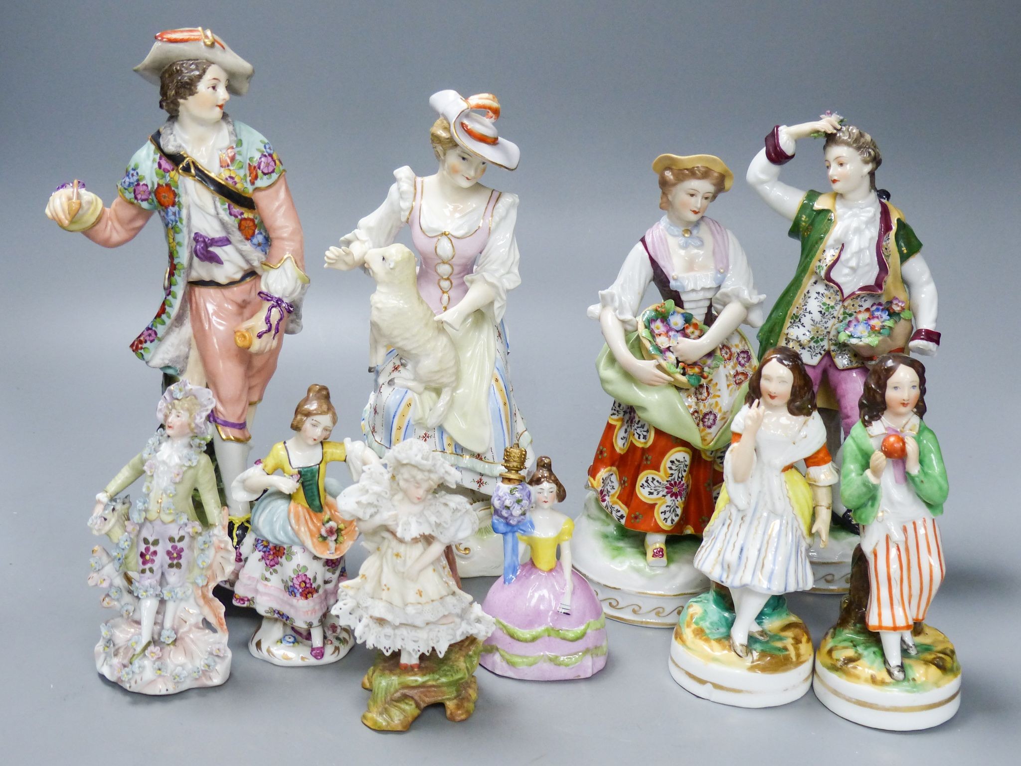 Ten Continental porcelain figures or groups, 19th/20th century, including a Berlin figure of a gentleman, tallest 23 cm